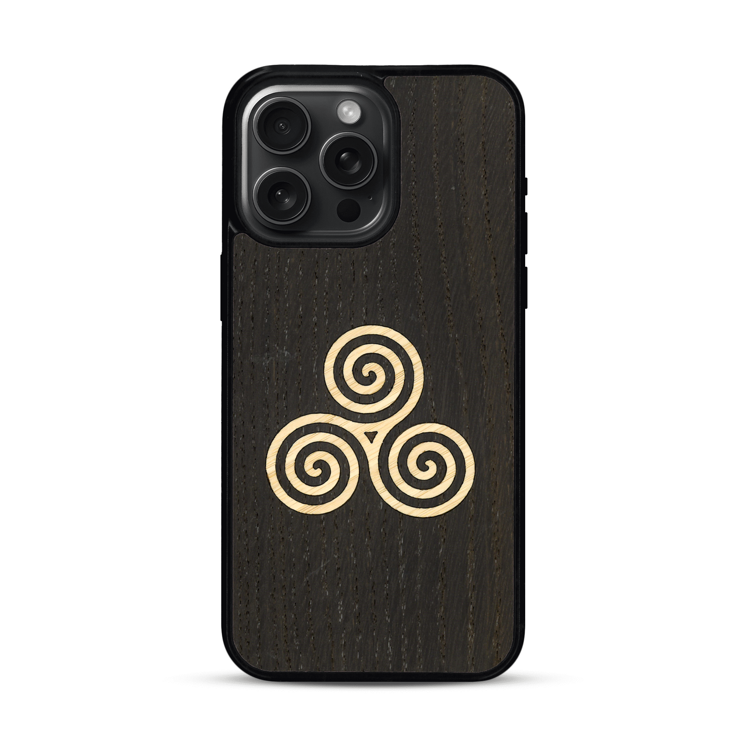 Coque de protection en bois véritable fabriquée en France pour  alliant du chêne fumé et du bambou et doré représentant un triskell