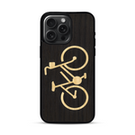 Coque de protection en bois véritable fabriquée en France pour  sur le theme du vélo et de l'outdoor qui allie du bambou et du chêne fumé représentant un vélo