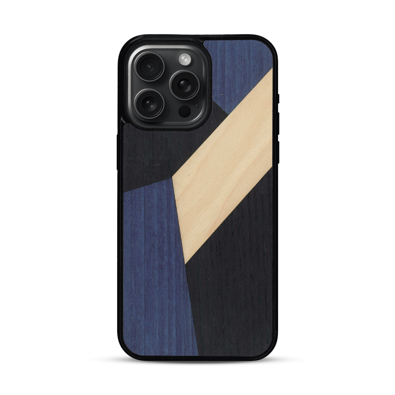 Coque de protection en bois véritable fabriquée en France pour  alliant du bambou, du tulipier bleu et noir en forme de mosaïque minimaliste sur le thème de l'art abstrait