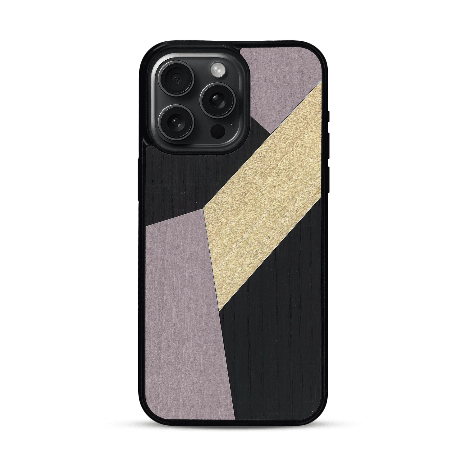 Coque de protection en bois véritable fabriquée en France pour  alliant du bambou, du tulipier mauve et noir en forme de mosaïque minimaliste sur le thème de l'art abstrait