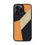 Coque de protection en bois véritable fabriquée en France pour  alliant du bambou, du tulipier orange et noir en forme de mosaïque minimaliste sur le thème de l'art abstrait