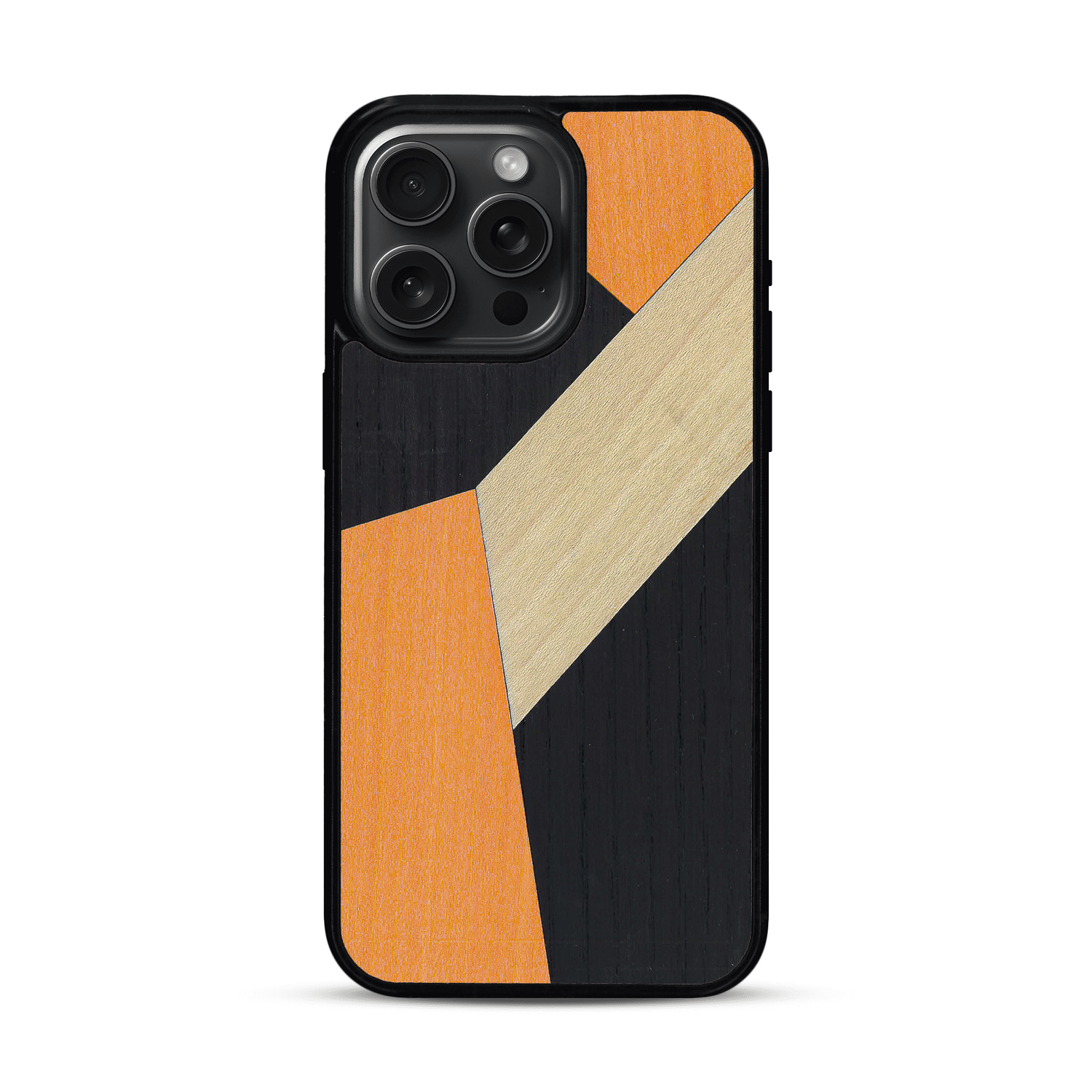 Coque de protection en bois véritable fabriquée en France pour  alliant du bambou, du tulipier orange et noir en forme de mosaïque minimaliste sur le thème de l'art abstrait