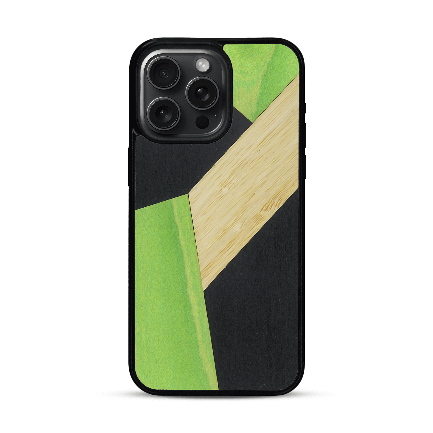 Coque de protection en bois véritable fabriquée en France pour  alliant du bambou, du tulipier vert et noir en forme de mosaïque minimaliste sur le thème de l'art abstrait