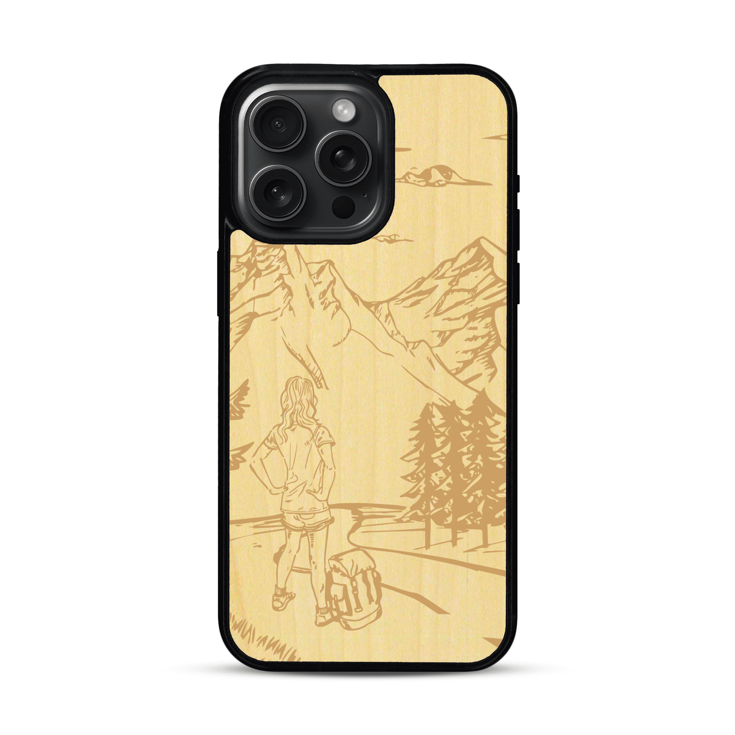 Coque de protection en bois véritable fabriquée en France pour  sur le thème de la randonnée en montagne et de l'aventure avec une gravure représentant une femme de dos face à un paysage de nature