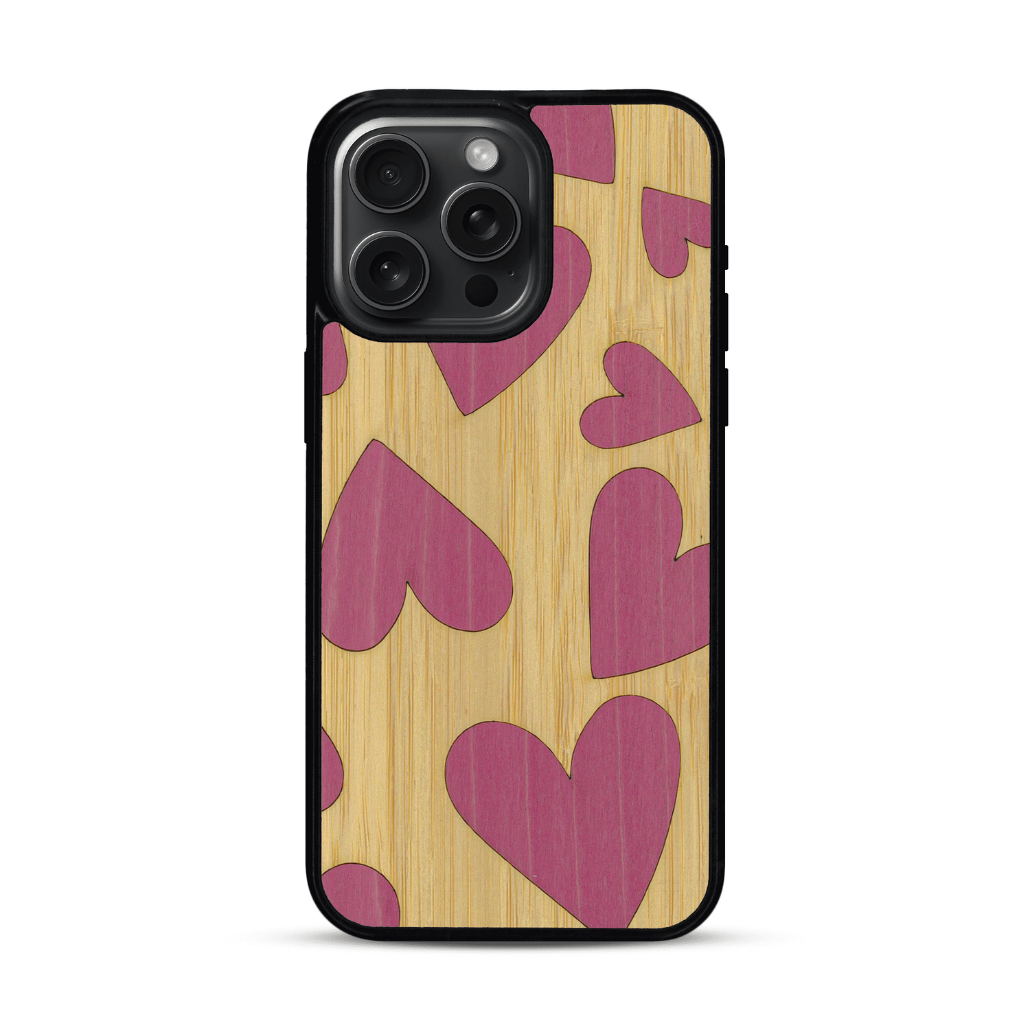 Coque de protection en bois véritable fabriquée en France pour  alliant plusieurs essences de bois pour représenter des coeurs pour les amoureux