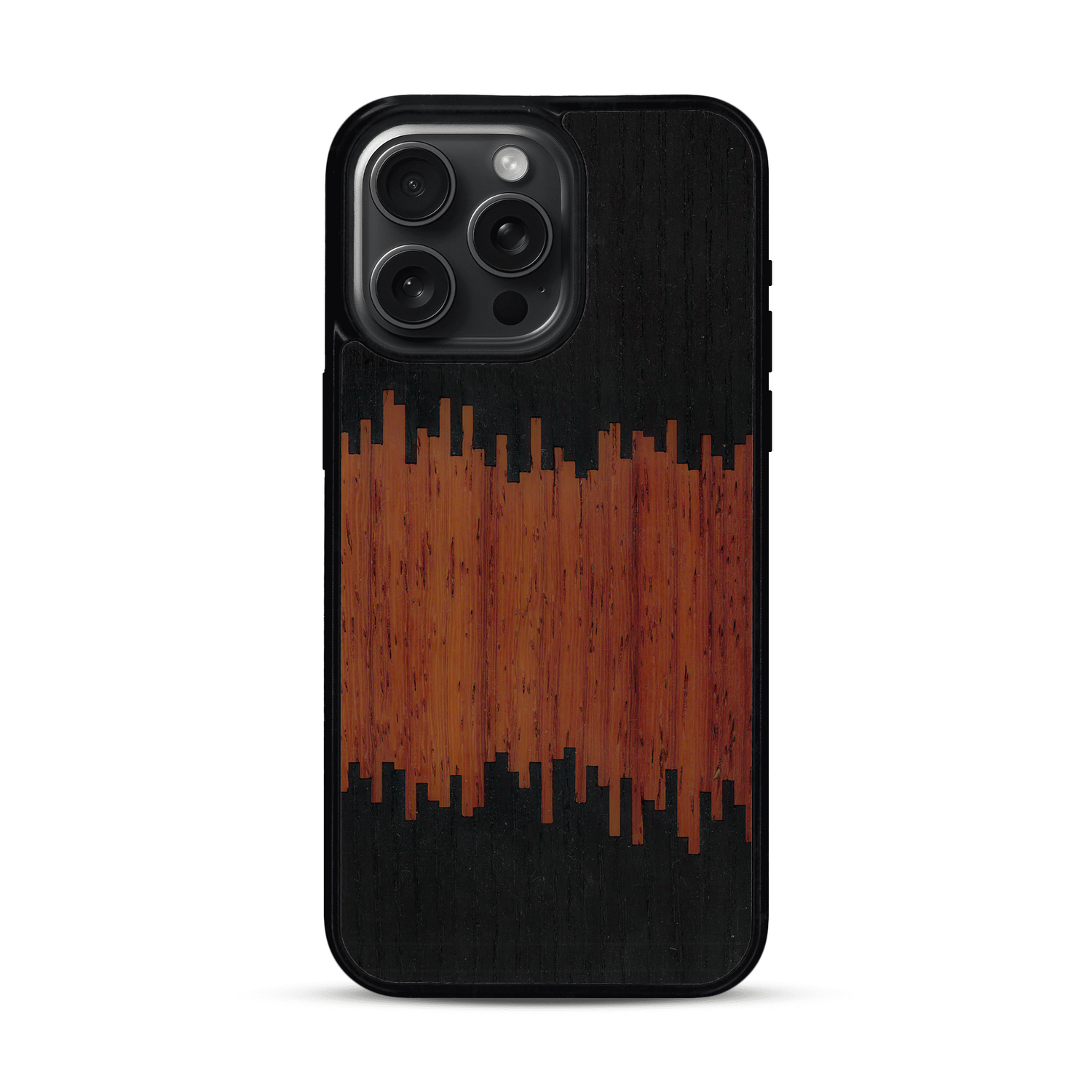 Coque de protection en bois véritable fabriquée en France pour  alliant plusieurs essences de bois pour représenter du magma en fusion