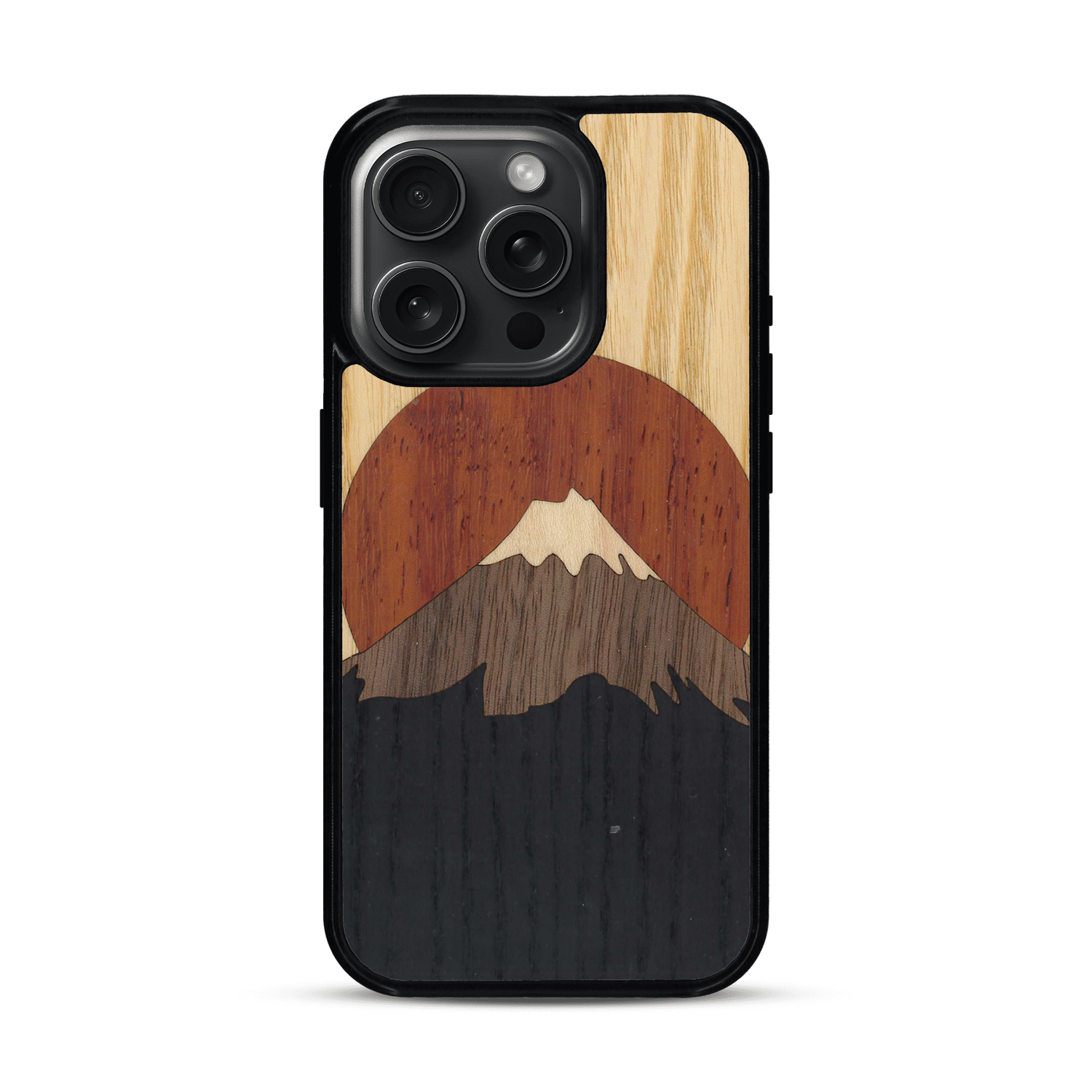 Coque de protection en bois véritable fabriquée en France pour  alliant plusieurs essences de bois pour représenter le mont Fuji