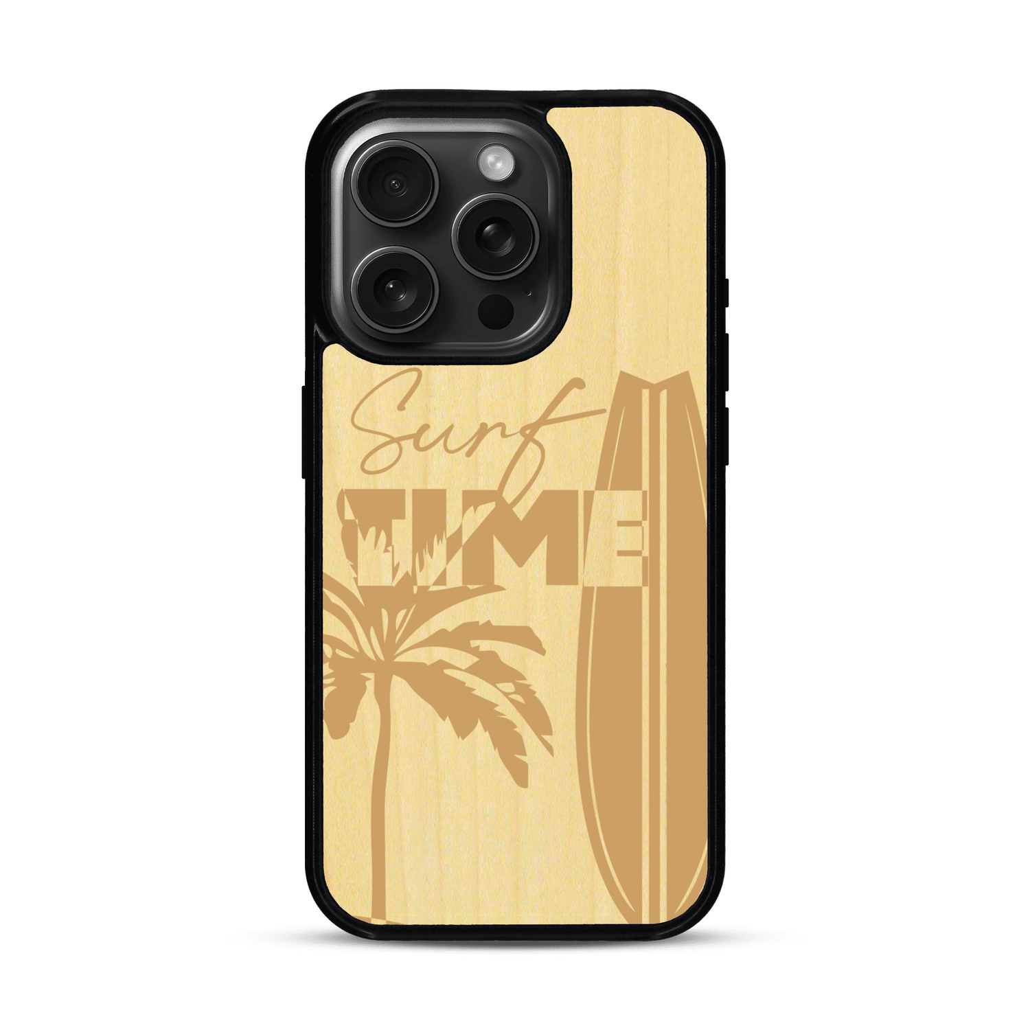Coque de protection en bois véritable fabriquée en France pour  sur le thème chill avec un motif représentant une silouhette tenant une planche de surf sur une plage entouré de palmiers et les mots "Surf Time Long Beach Miami"
