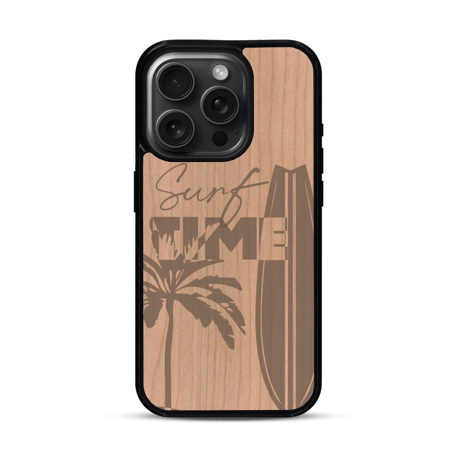 Coque de protection en bois véritable fabriquée en France pour  sur le thème chill avec un motif représentant une silouhette tenant une planche de surf sur une plage entouré de palmiers et les mots "Surf Time Long Beach Miami"