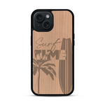 Coque de protection en bois véritable fabriquée en France pour  sur le thème chill avec un motif représentant une silouhette tenant une planche de surf sur une plage entouré de palmiers et les mots "Surf Time Long Beach Miami"