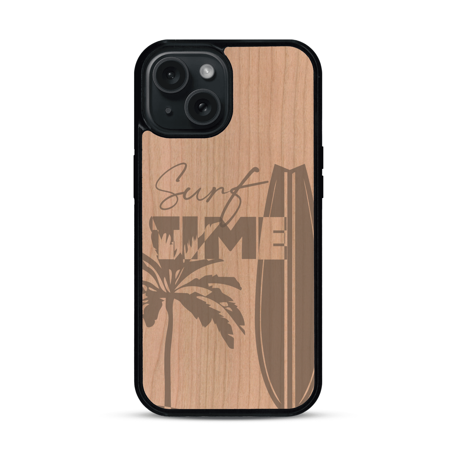 Coque de protection en bois véritable fabriquée en France pour  sur le thème chill avec un motif représentant une silouhette tenant une planche de surf sur une plage entouré de palmiers et les mots "Surf Time Long Beach Miami"