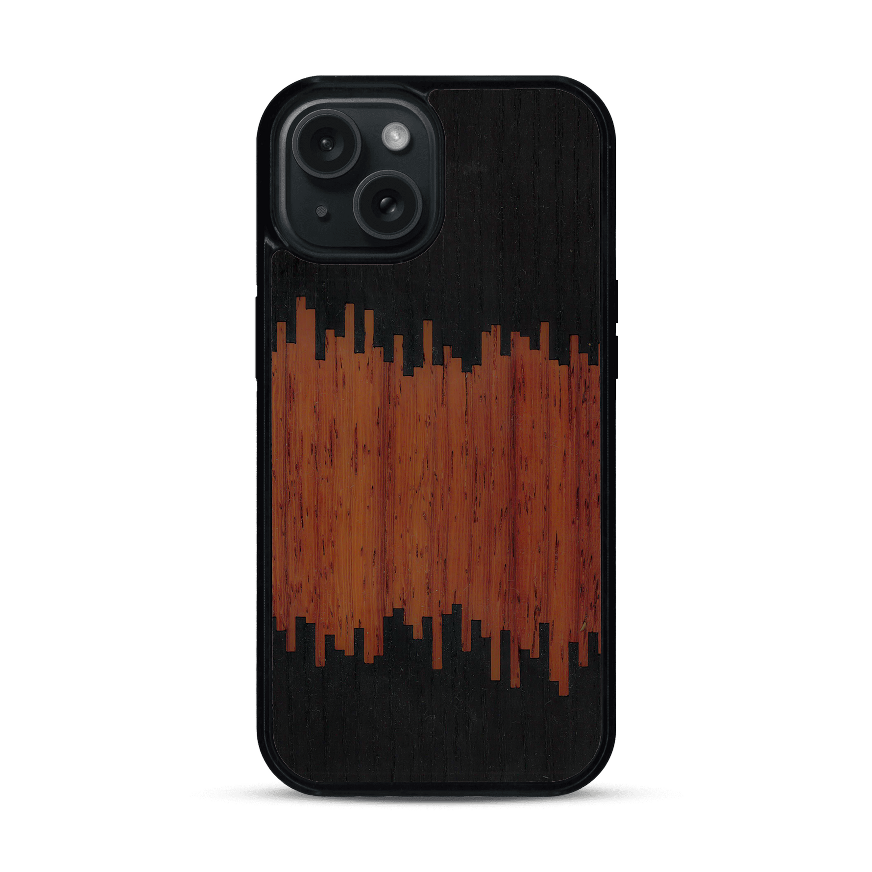 Coque de protection en bois véritable fabriquée en France pour  alliant plusieurs essences de bois pour représenter du magma en fusion