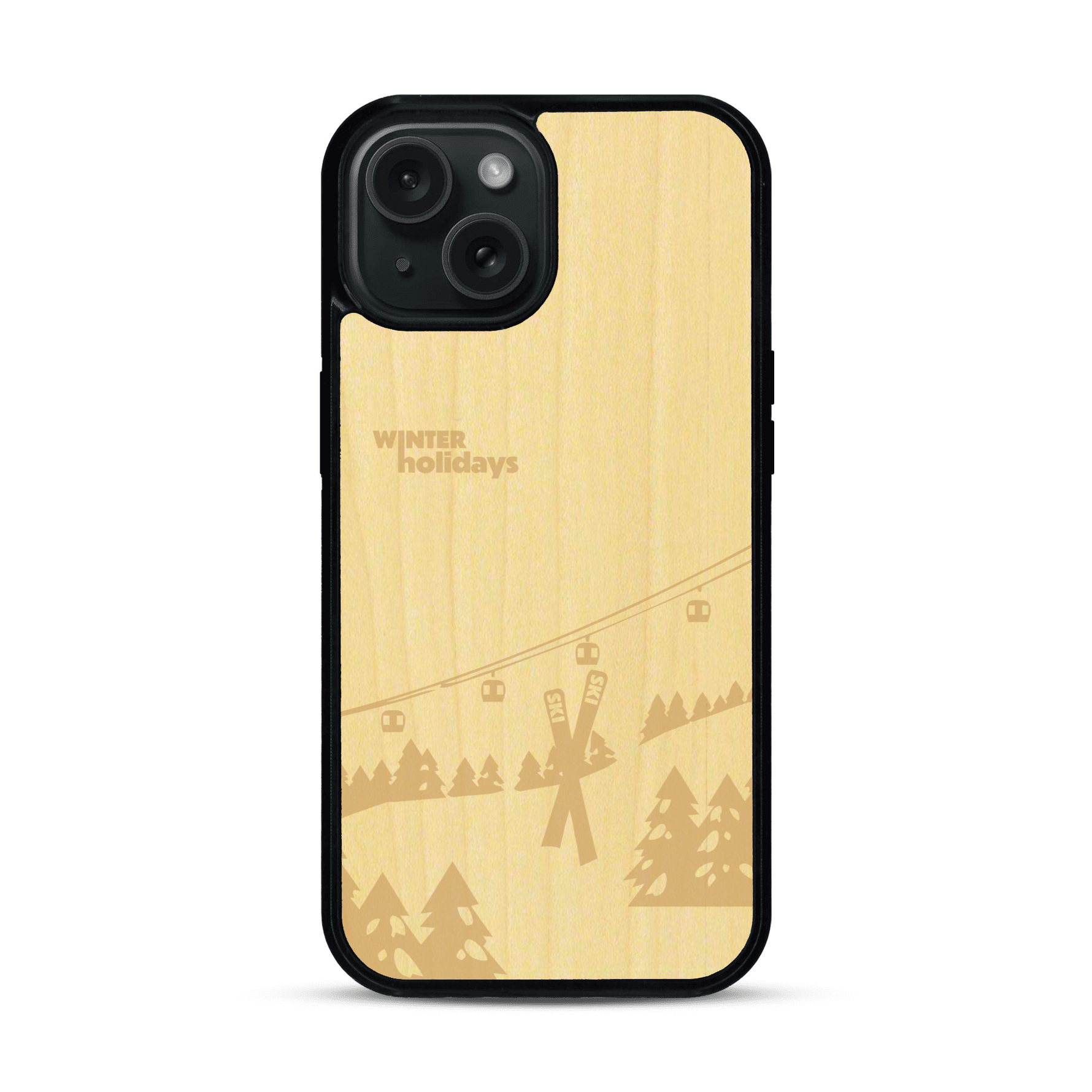 Coque de protection en bois véritable fabriquée en France pour  sur le thème de la montagne, du ski et de la neige avec un motif représentant une paire de ski plantée dans la neige avec en fond des montagnes enneigées