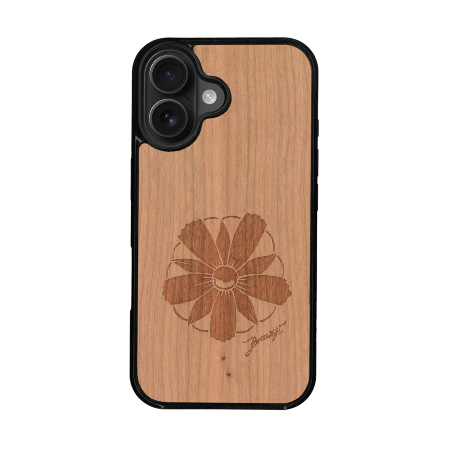 Coque de protection en bois véritable fabriquée en France pour iPhone 16 sur le thème des fleurs et de la montagne avec un motif de gravure représentant les pétales d'une fleur des montagnes