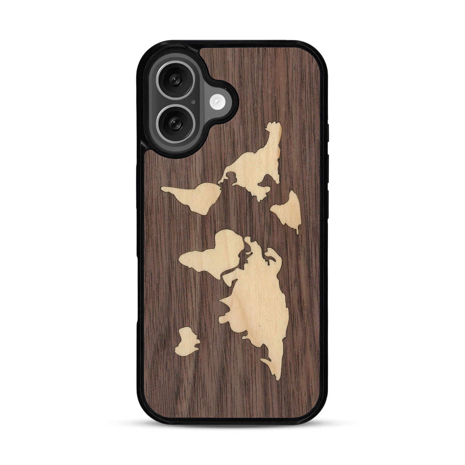 Coque de protection en bois véritable fabriquée en France pour  alliant du bambou et du noyer sur le thème du voyage et de l'aventure représentant une mappemonde