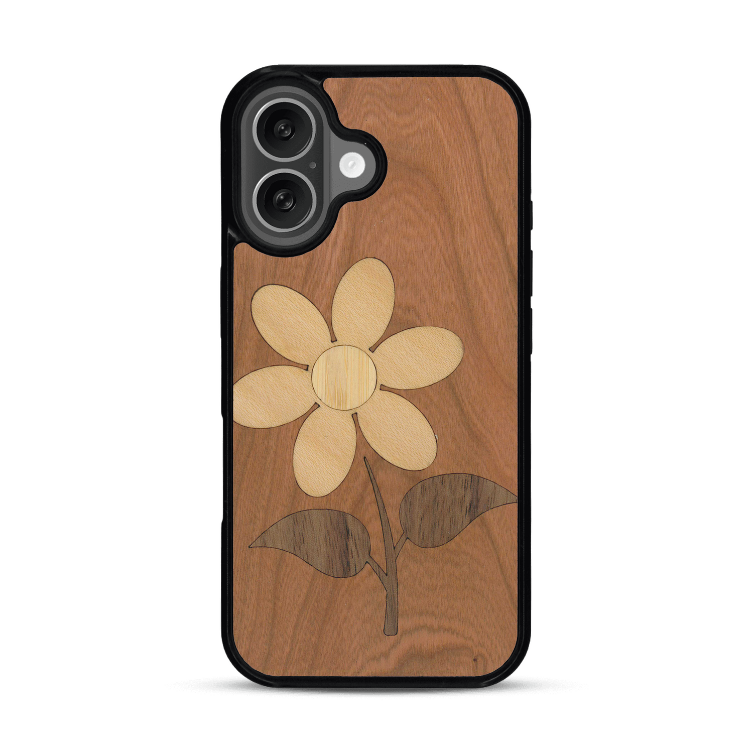 Coque de protection en bois véritable fabriquée en France pour  alliant plusieurs essences de bois pour représenter une marguerite