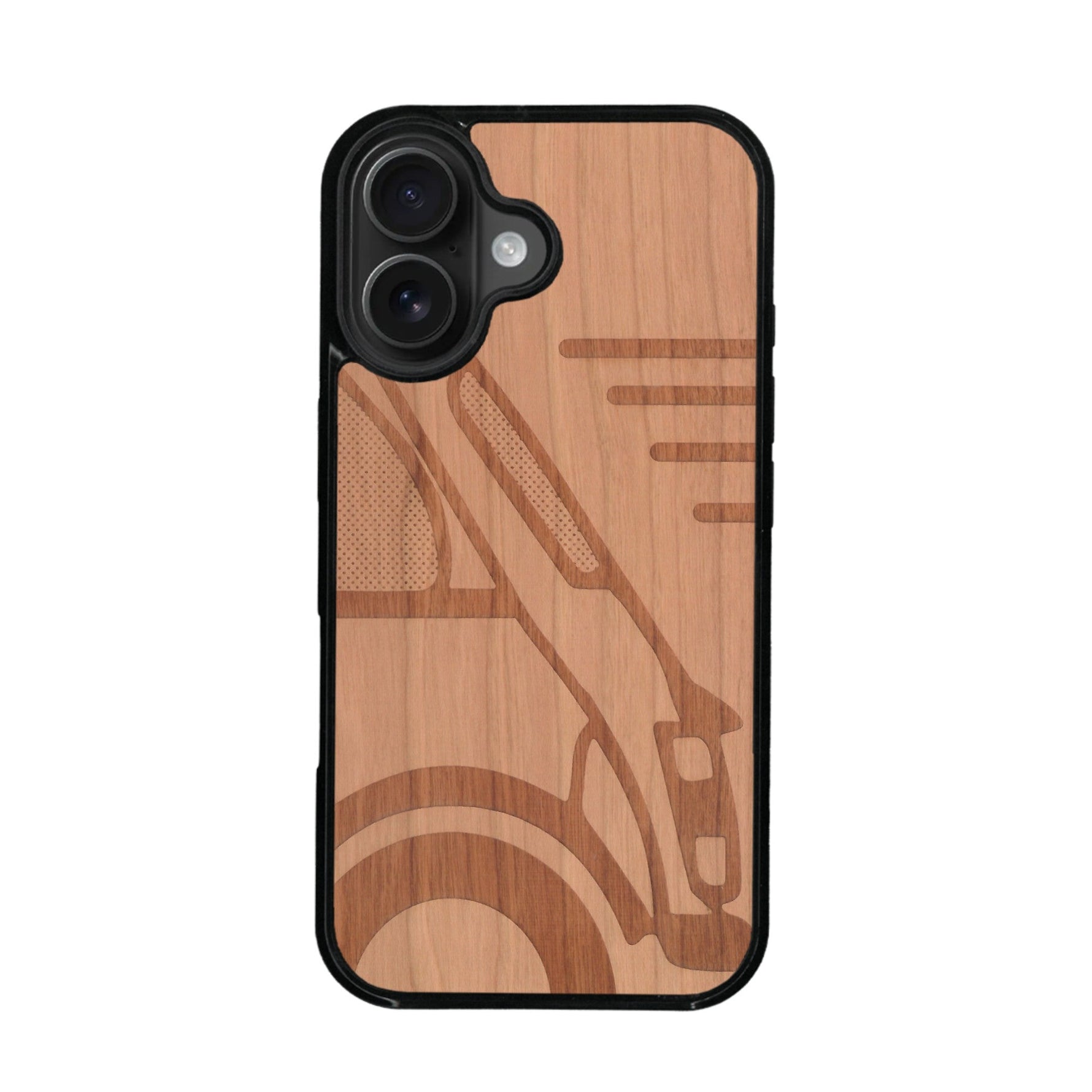 Coque de protection en bois véritable fabriquée en France pour iPhone 16 Plus sur le thème de l'automobile avec une authentique Mini Cooper