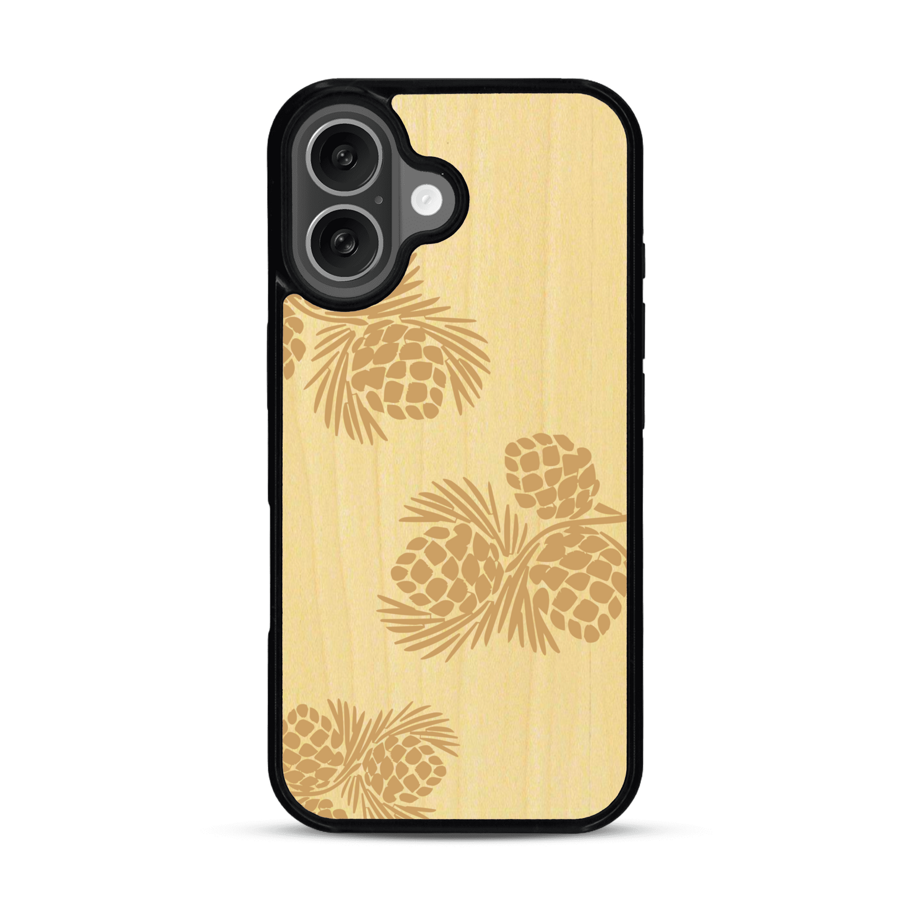 Coque de protection en bois véritable fabriquée en France pour  sur le thème de la nature des arbres avec un motif de gravure représentant des épines de sapin et des pommes de pin