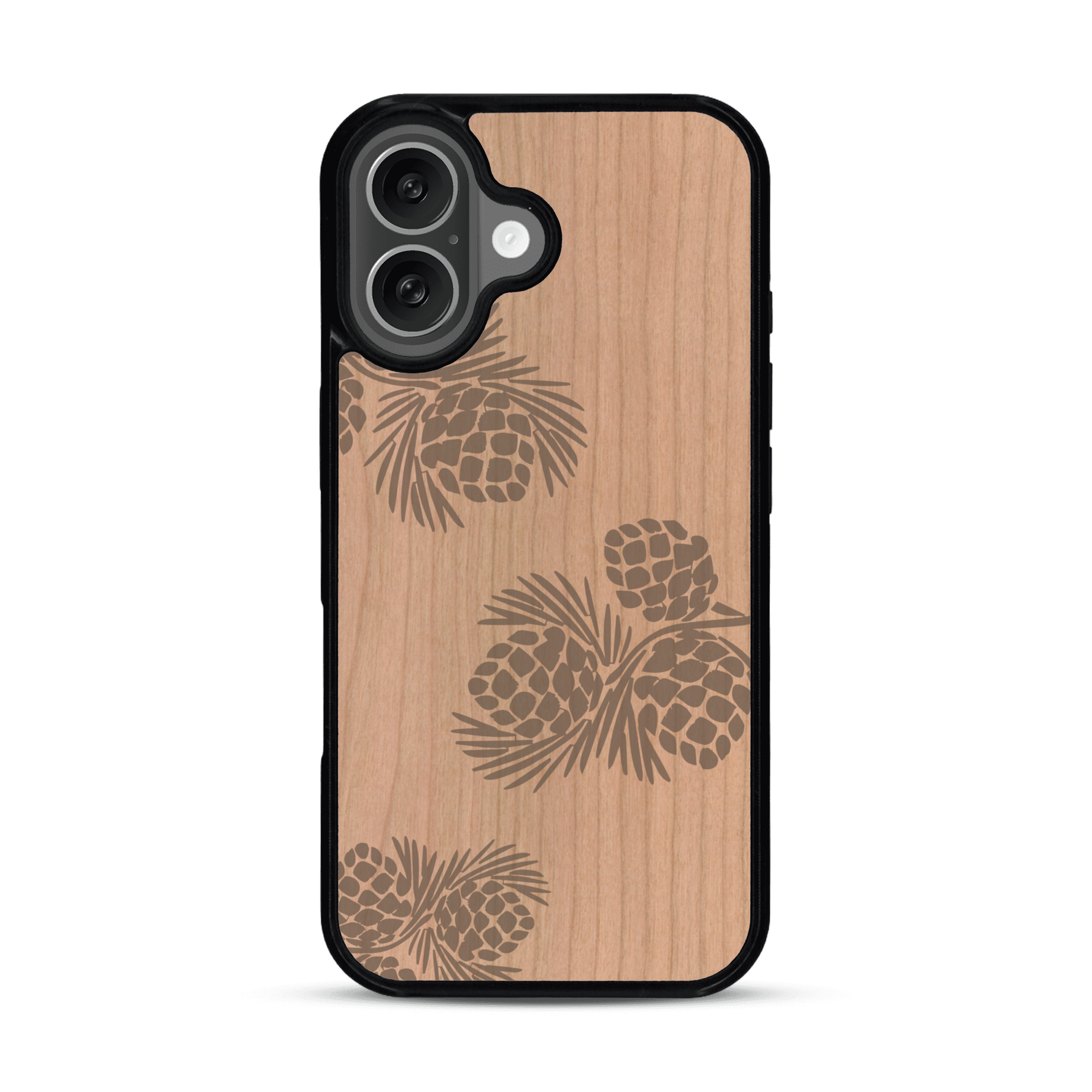 Coque de protection en bois véritable fabriquée en France pour  sur le thème de la nature des arbres avec un motif de gravure représentant des épines de sapin et des pommes de pin