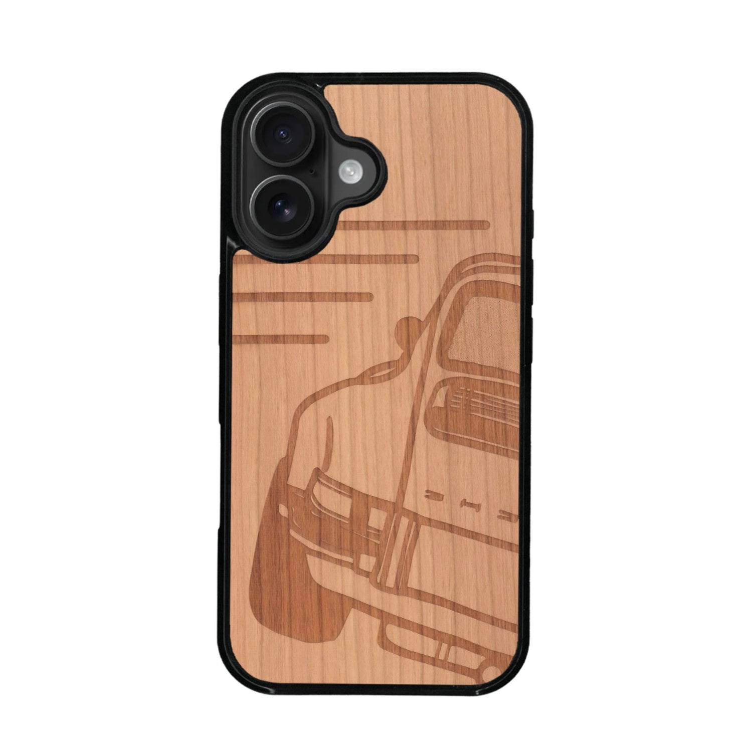 Coque de protection en bois véritable fabriquée en France pour iPhone 16 sur le thème de l'automobile avec une authentique Porsche