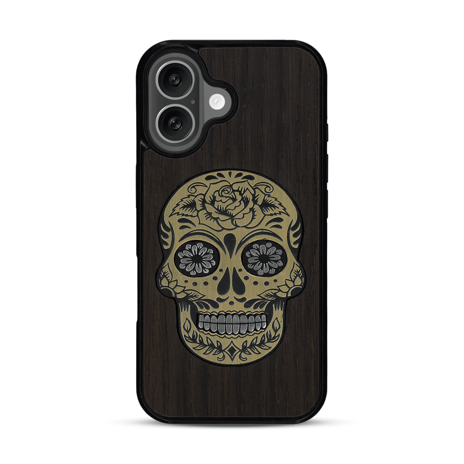 Coque de protection en bois véritable fabriquée en France pour  alliant du chêne fumé avec du métal argenté et doré représentant une tête de mort mexicaine sur le thème Dia de los Muertos