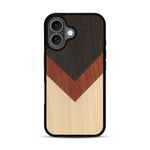 Coque de protection en bois véritable fabriquée en France pour  alliant du chêne fumé, du padouk et du bambou en forme de chevron sur le thème de l'art abstrait
