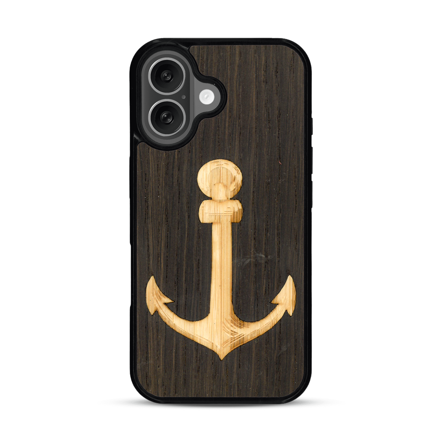 Coque de protection en bois véritable fabriquée en France pour  sur le thème nautique avec un bois clair et un bois foncé représentant une ancre de bateau