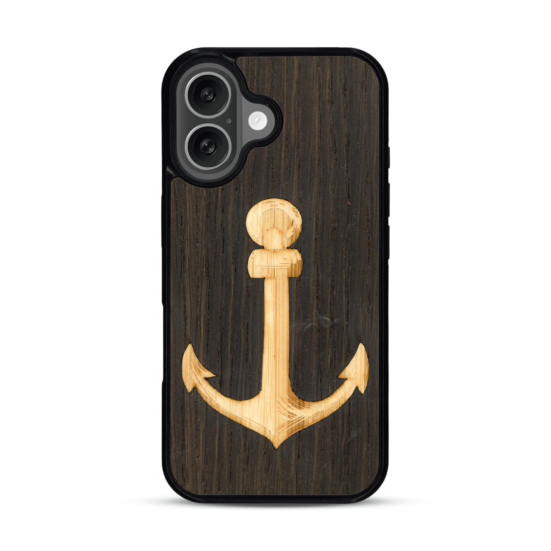 Coque de protection en bois véritable fabriquée en France pour  sur le thème nautique avec un bois clair et un bois foncé représentant une ancre de bateau