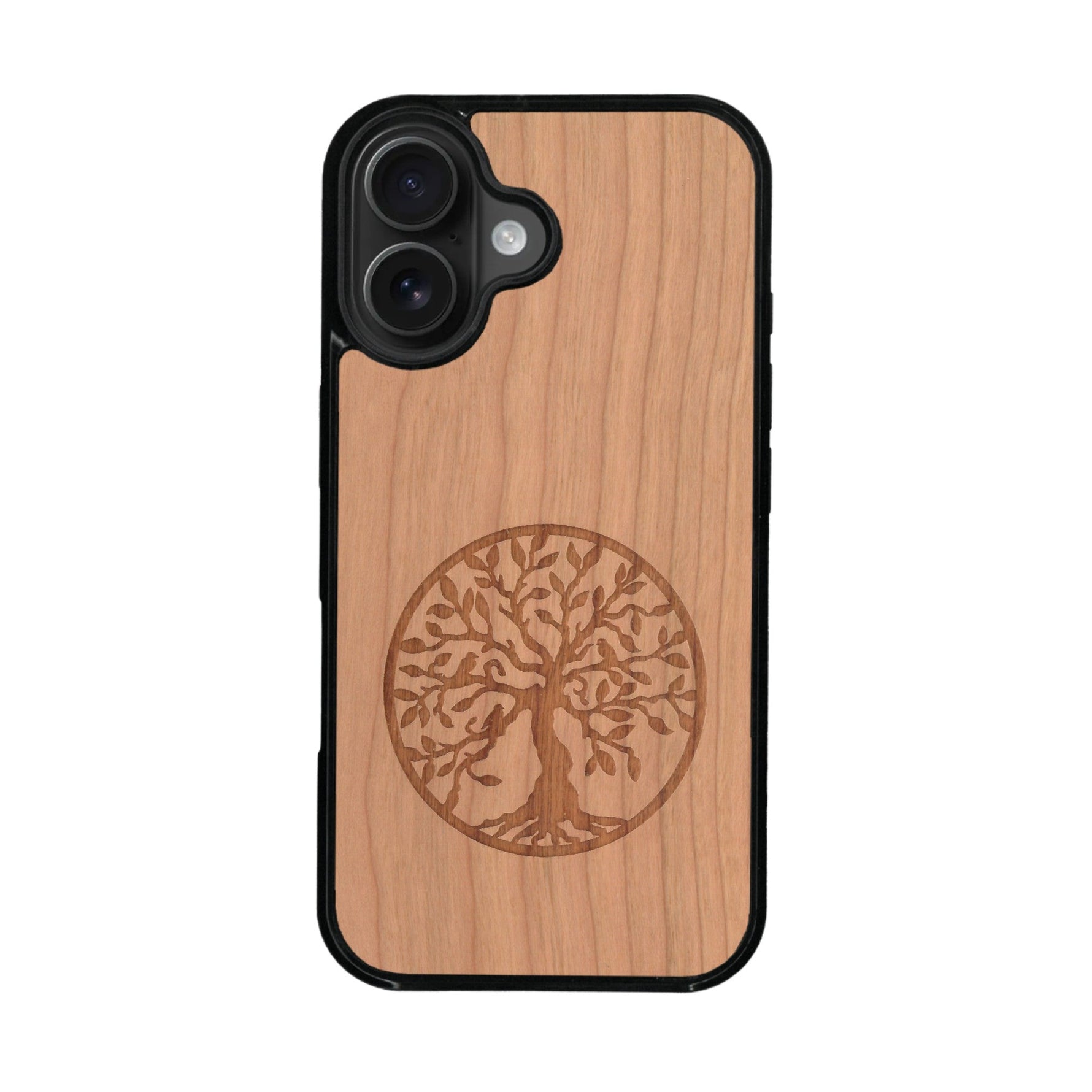 Coque de protection en bois véritable fabriquée en France pour iPhone 16 Plus sur le thème de la spiritualité et du yoga avec une gravure zen représentant un arbre de vie