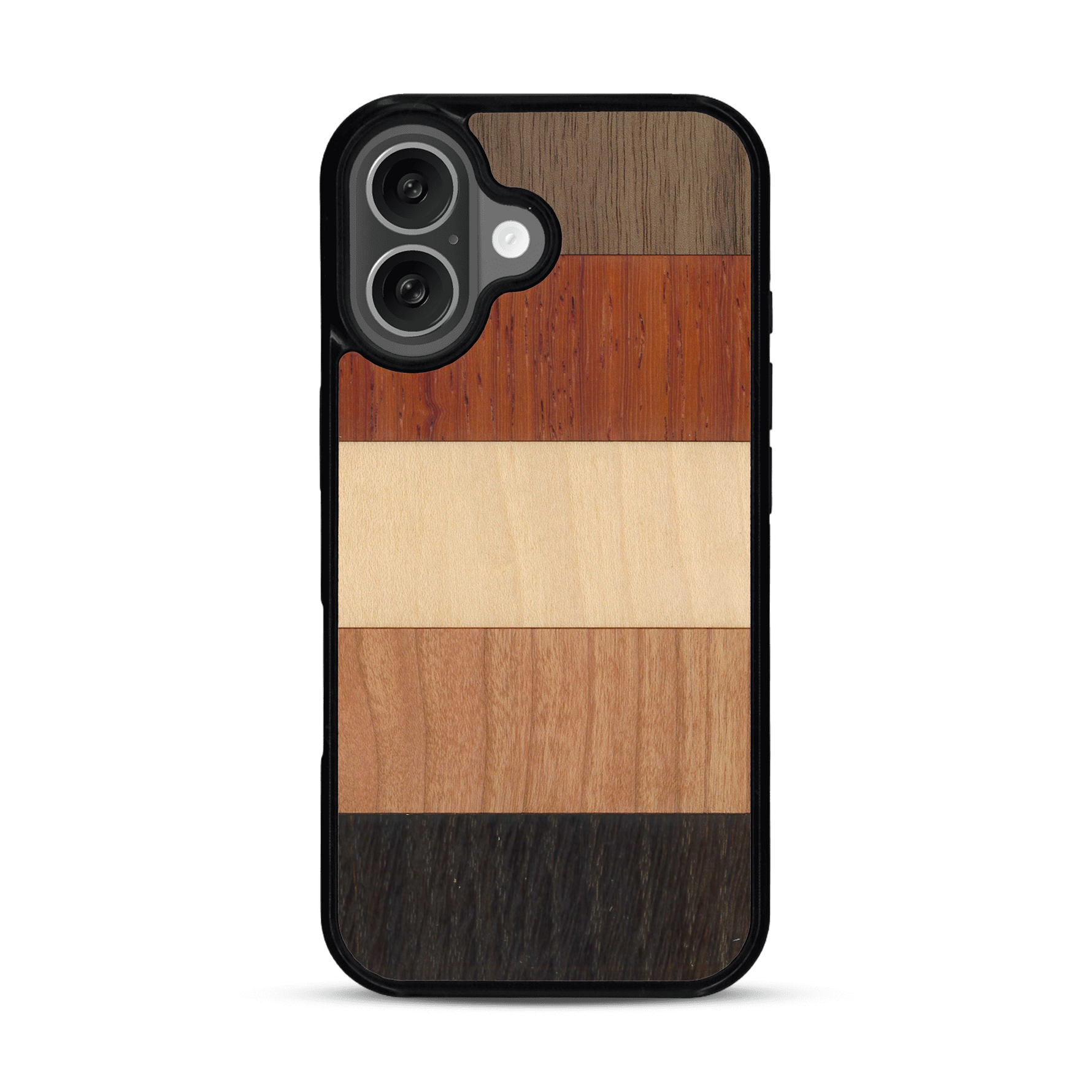 Coque de protection en bois véritable fabriquée en France pour  alliant des bandes horizontales de bambou, merisier, padouk, noyer et chêne fumé