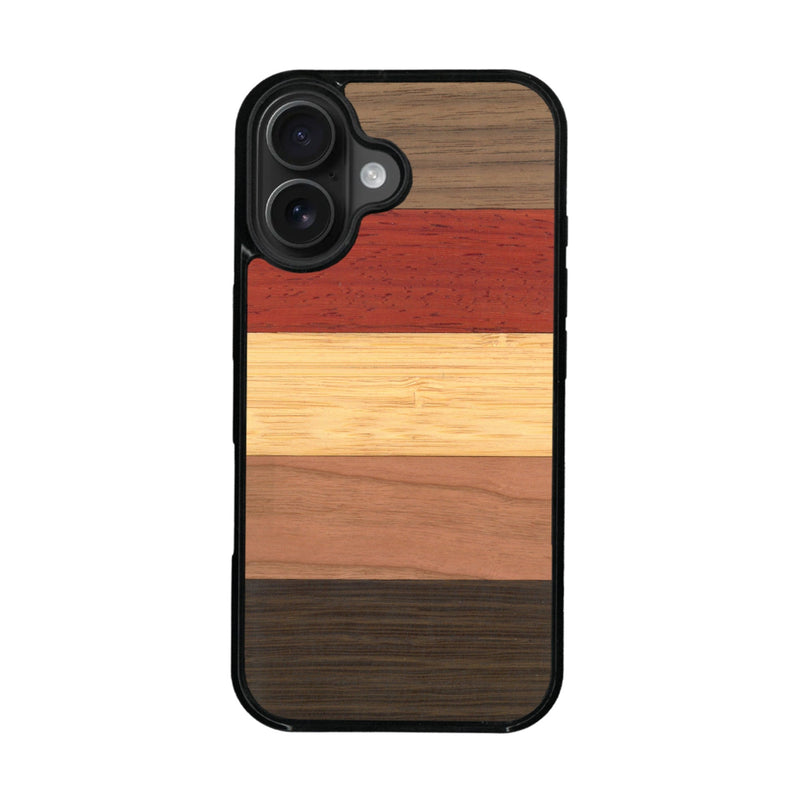 Coque de protection en bois véritable fabriquée en France pour iPhone 16 alliant des bandes horizontales de bambou, merisier, padouk, noyer et chêne fumé