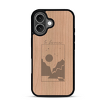 Coque de protection en bois véritable fabriquée en France pour  sur le thème du camping en pleine nature et du bivouac avec la phrase "Aventure is out there"