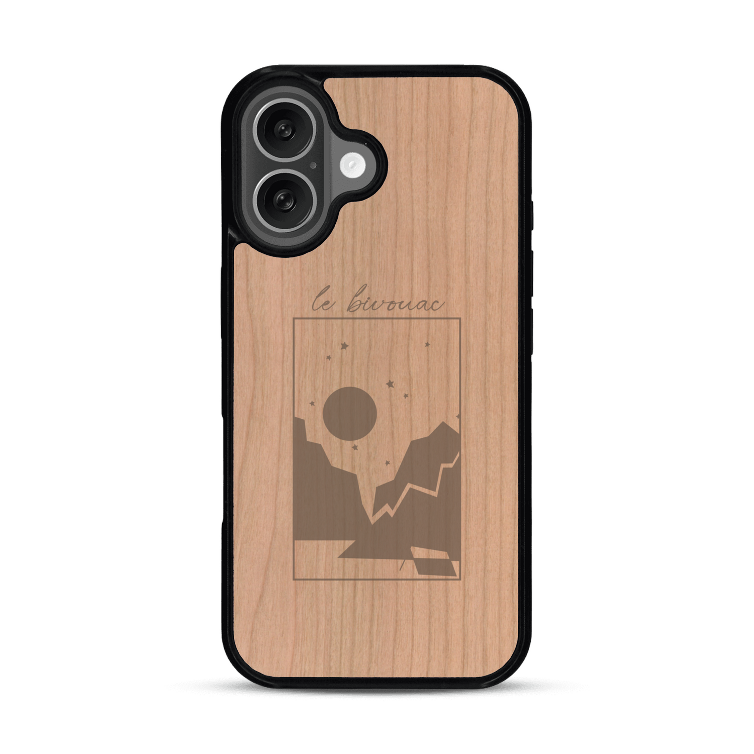 Coque de protection en bois véritable fabriquée en France pour  sur le thème du camping en pleine nature et du bivouac avec la phrase "Aventure is out there"