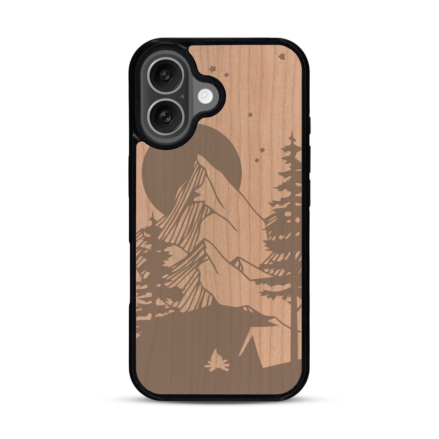 Coque de protection en bois véritable fabriquée en France pour  sur le thème du camping en pleine nature représentant une tente avec un feu de camp entouré de montagnes