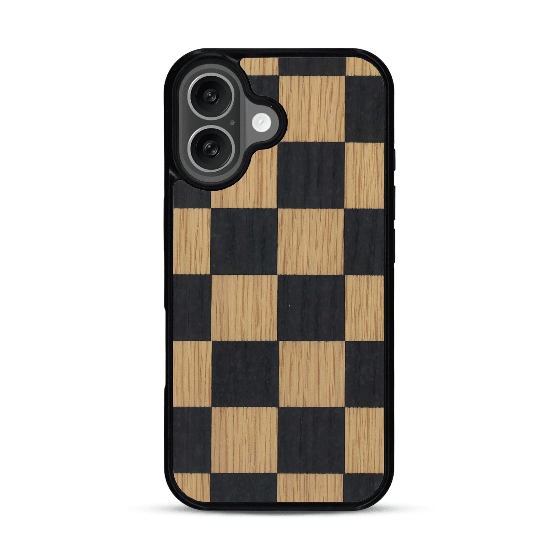 Coque de protection en bois véritable fabriquée en France pour  alliant plusieurs essences de bois pour représenter un damier