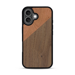Coque de protection en bois véritable fabriquée en France pour  alliant du merisier et du noyer formant chacun un triangle avec une jointure en diagonale sur le thème de l'art abstrait