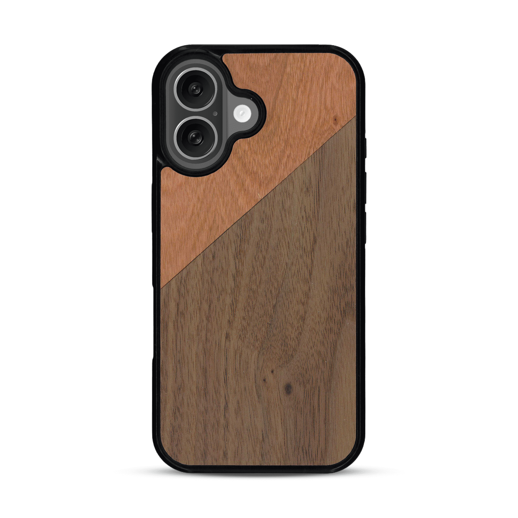 Coque de protection en bois véritable fabriquée en France pour  alliant du merisier et du noyer formant chacun un triangle avec une jointure en diagonale sur le thème de l'art abstrait