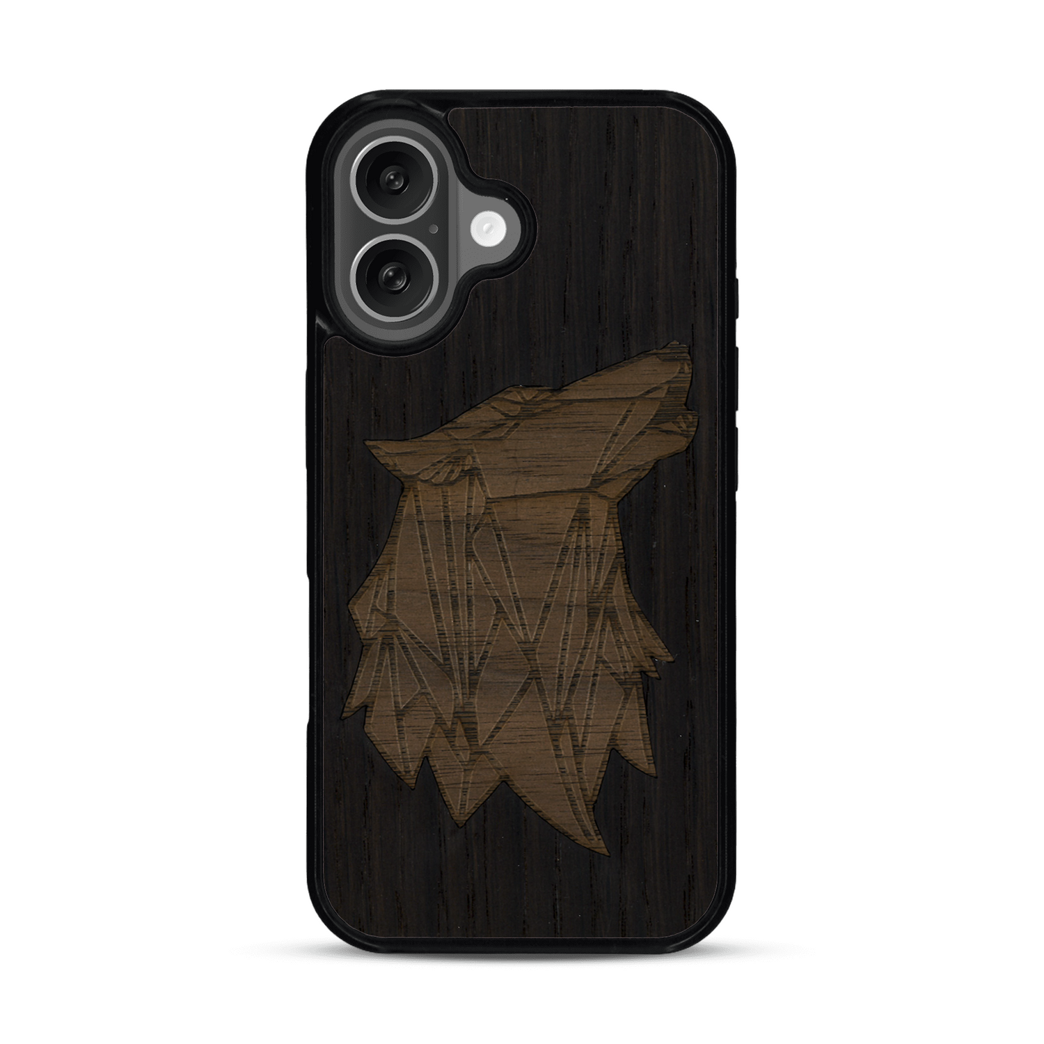 Coque de protection en bois véritable fabriquée en France pour  alliant du chêne fumé et du noyer représentant une tête de loup géométrique de profil sur le thème des animaux et de la nature