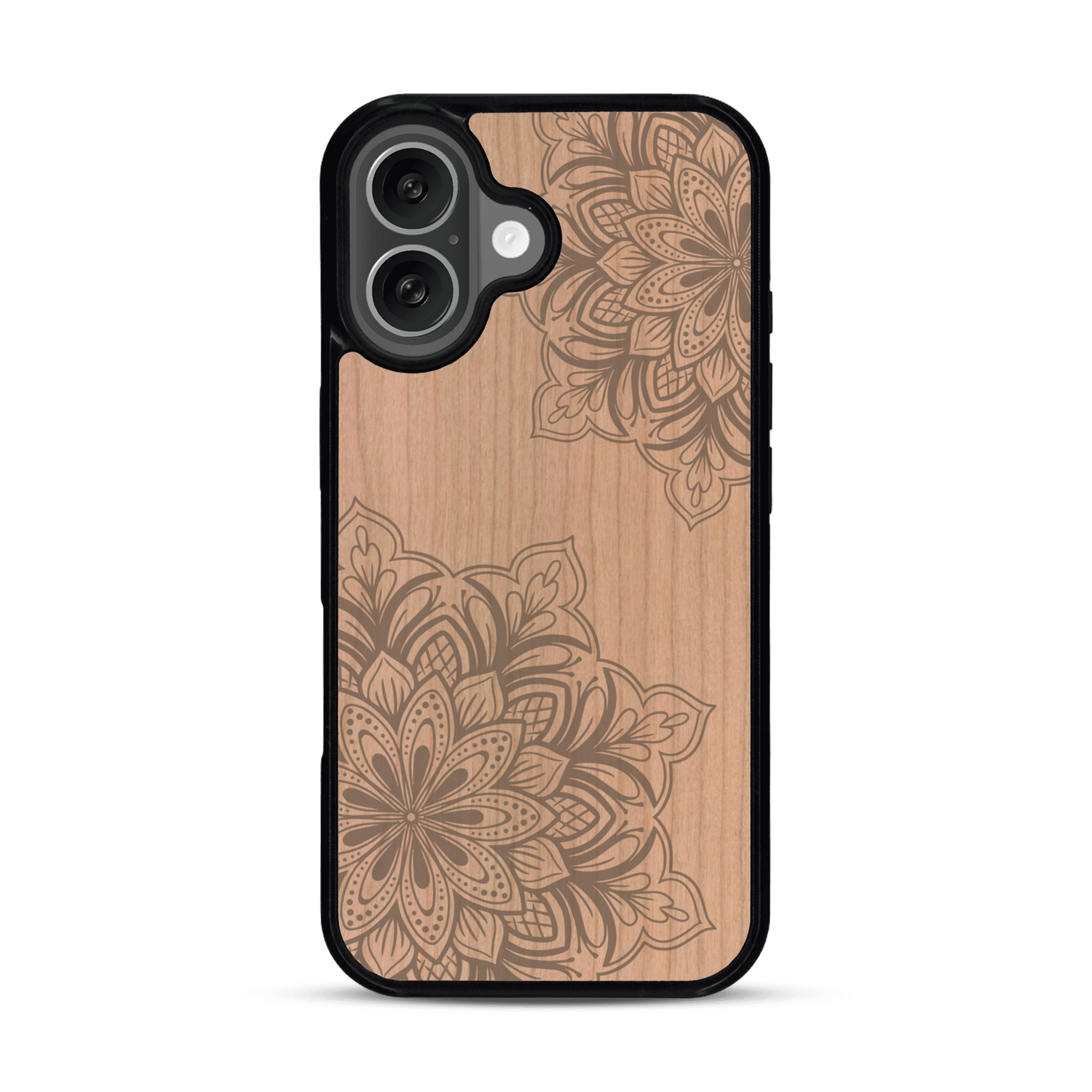 Coque de protection en bois véritable fabriquée en France pour  sur le thème de la bohème et du tatouage au henné avec une gravure représentant un mandala