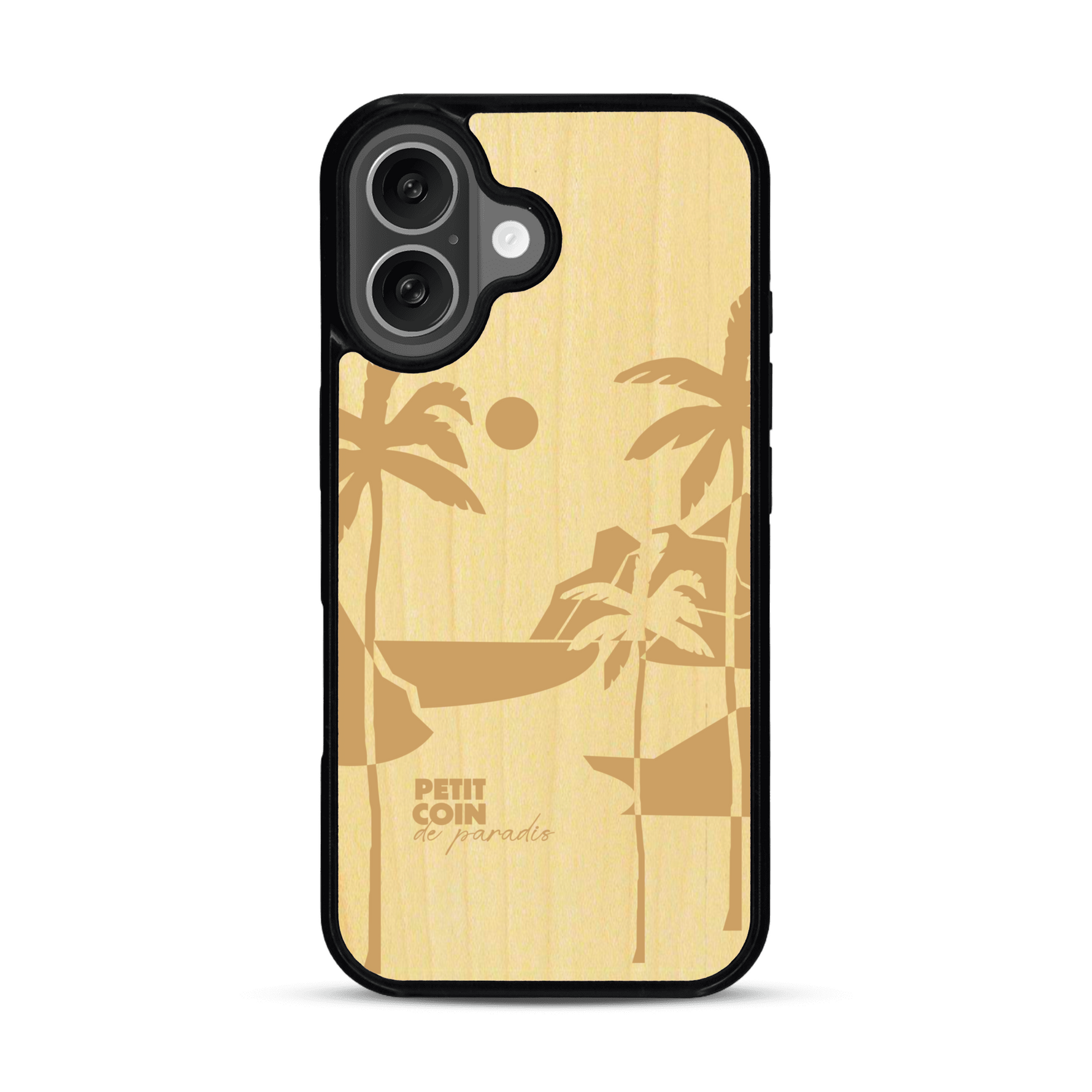 Coque de protection en bois véritable fabriquée en France pour  sur le thème des voyages en vans, vanlife et chill avec une gravure représentant un van vw combi devant le soleil couchant sur une plage avec des vagues