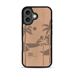 Coque de protection en bois véritable fabriquée en France pour  sur le thème des voyages en vans, vanlife et chill avec une gravure représentant un van vw combi devant le soleil couchant sur une plage avec des vagues