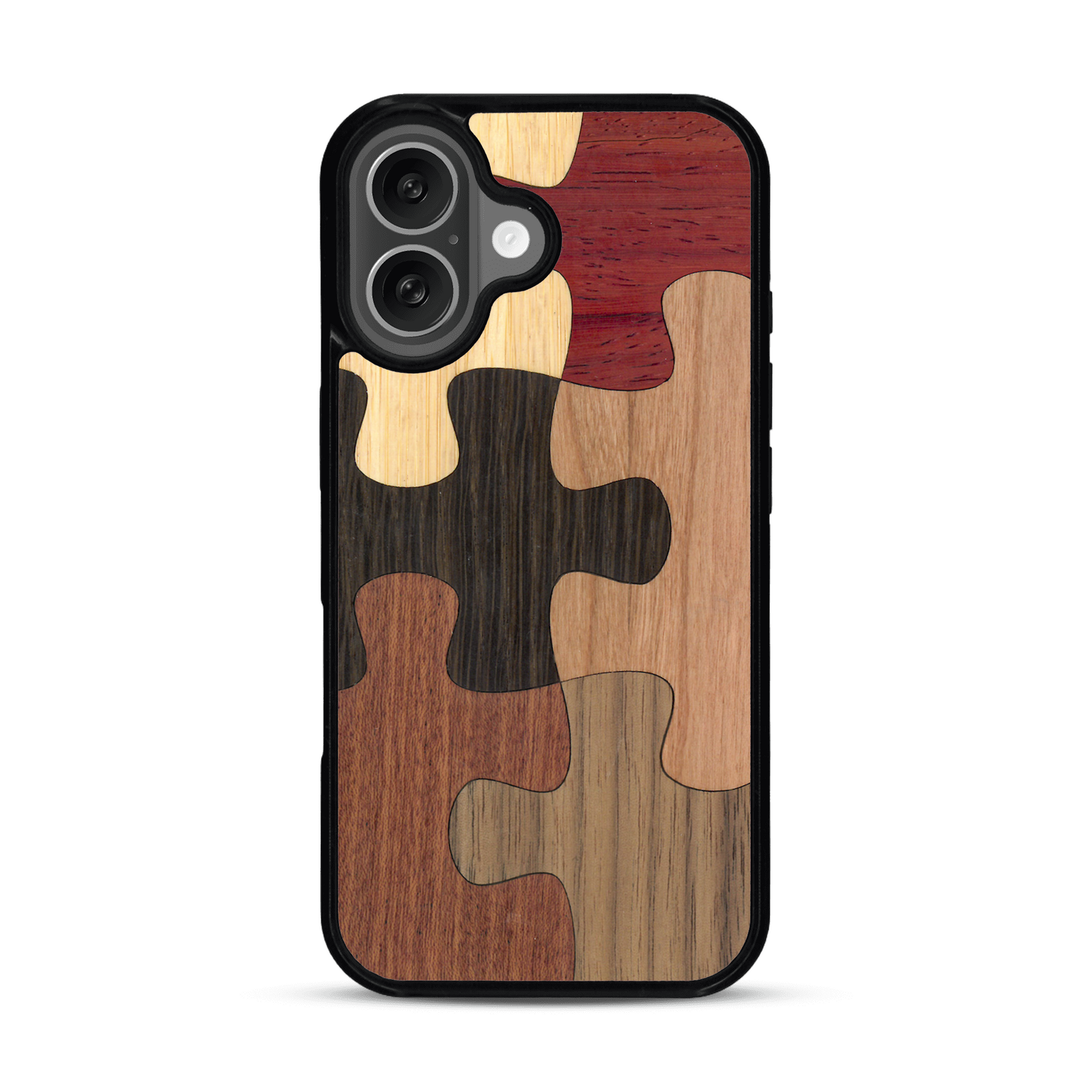 Coque de protection en bois véritable fabriquée en France pour  représentant un puzzle en six pièces qui allie du chêne fumé, du noyer, du bambou, du padouk, du merisier et de l'acajou