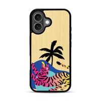 Coque de protection en bois véritable fabriquée en France pour iPhone 16 représentant un tigre coloré avec un design moderne et minimaliste sur le thème de la jungle et de la nature