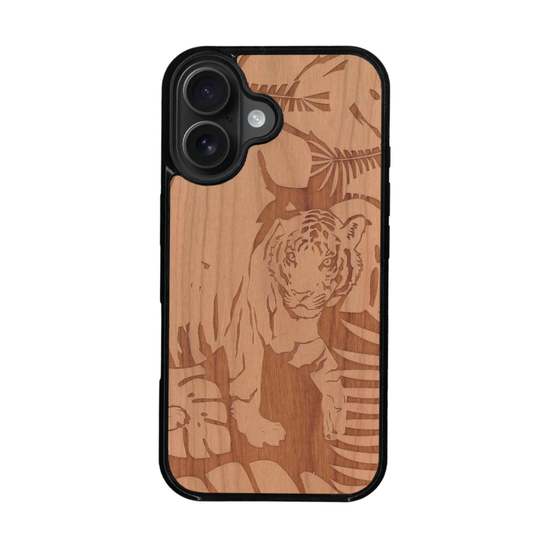Coque de protection en bois véritable fabriquée en France pour iPhone 16 sur le thème de la nature et des animaux représentant un tigre dans la jungle entre des fougères