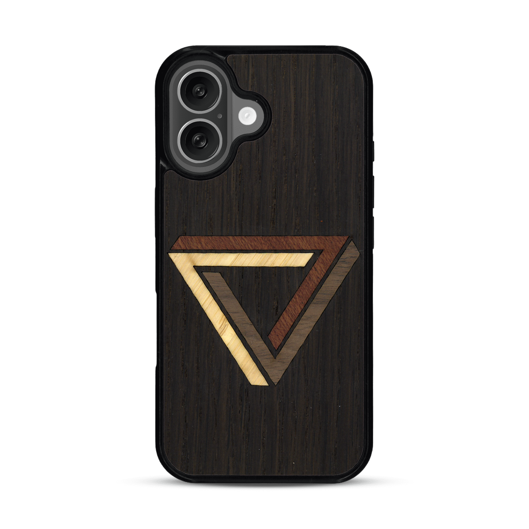 Coque de protection en bois véritable fabriquée en France pour  sur le thème de l'art géométrique qui allie du chêne fumé, du noyer, du bambou et du padouk représentant le triangle de penrose