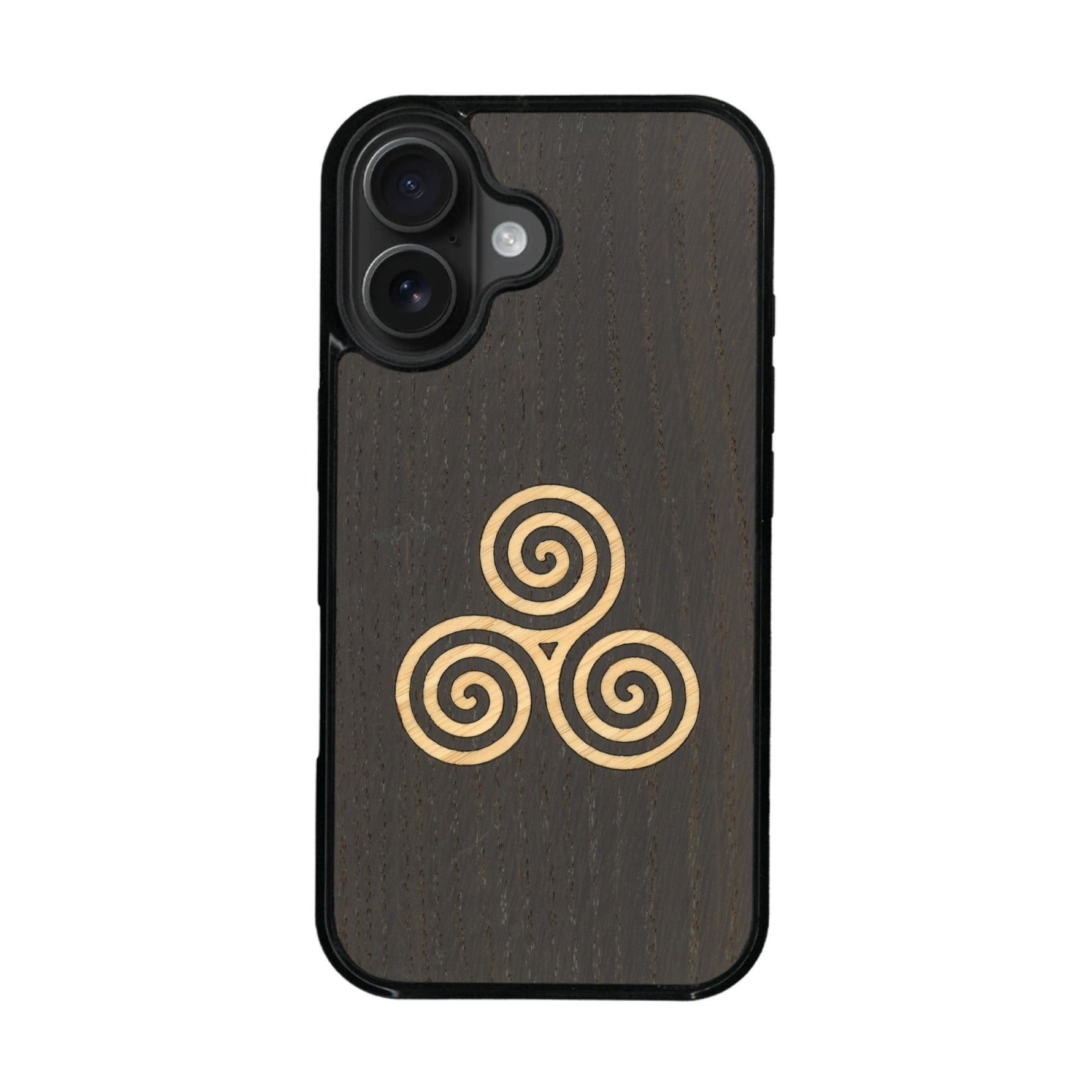Coque de protection en bois véritable fabriquée en France pour iPhone 16 Plus + MagSafe® alliant du chêne fumé et du bambou et doré représentant un triskell