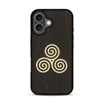 Coque de protection en bois véritable fabriquée en France pour  alliant du chêne fumé et du bambou et doré représentant un triskell