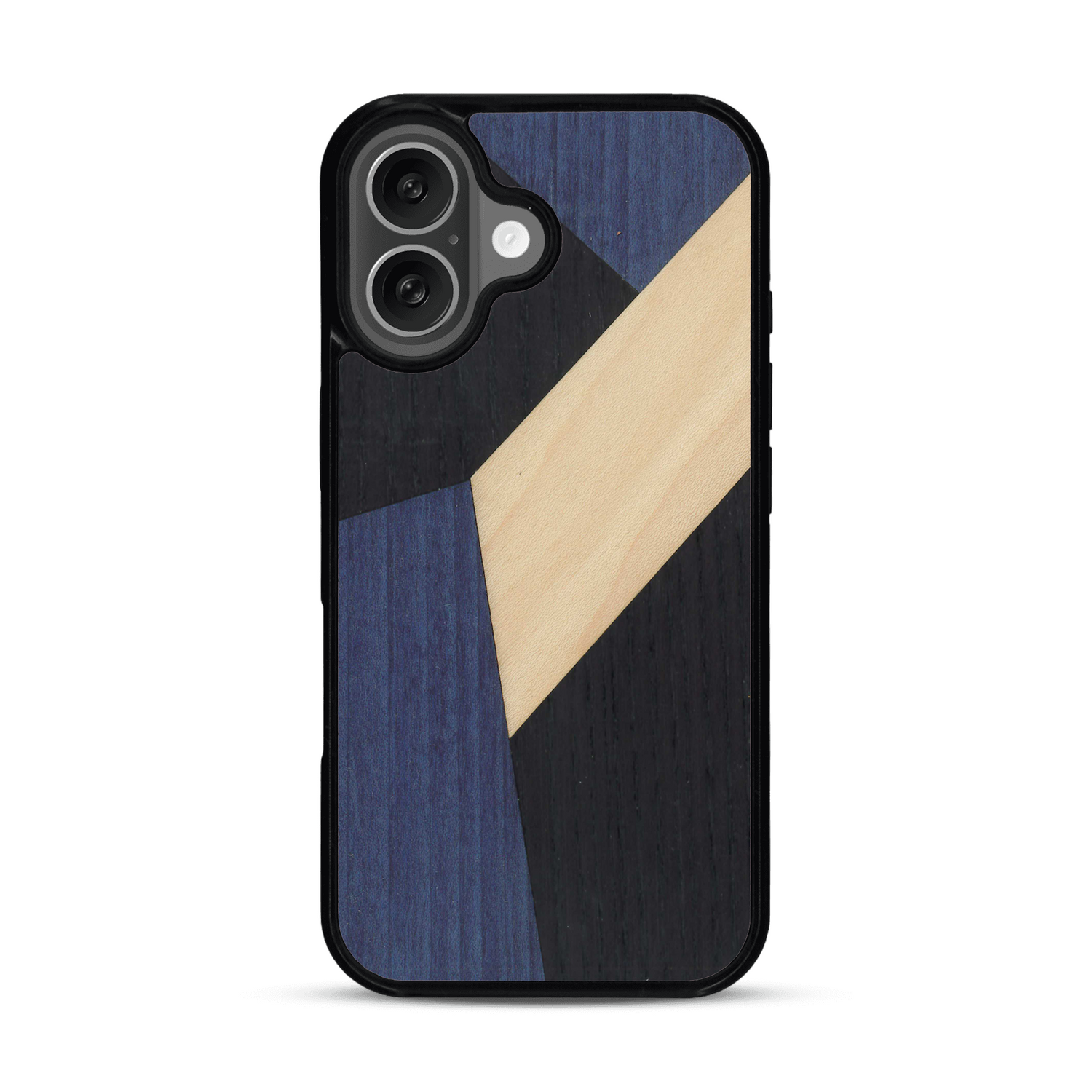 Coque de protection en bois véritable fabriquée en France pour  alliant du bambou, du tulipier bleu et noir en forme de mosaïque minimaliste sur le thème de l'art abstrait