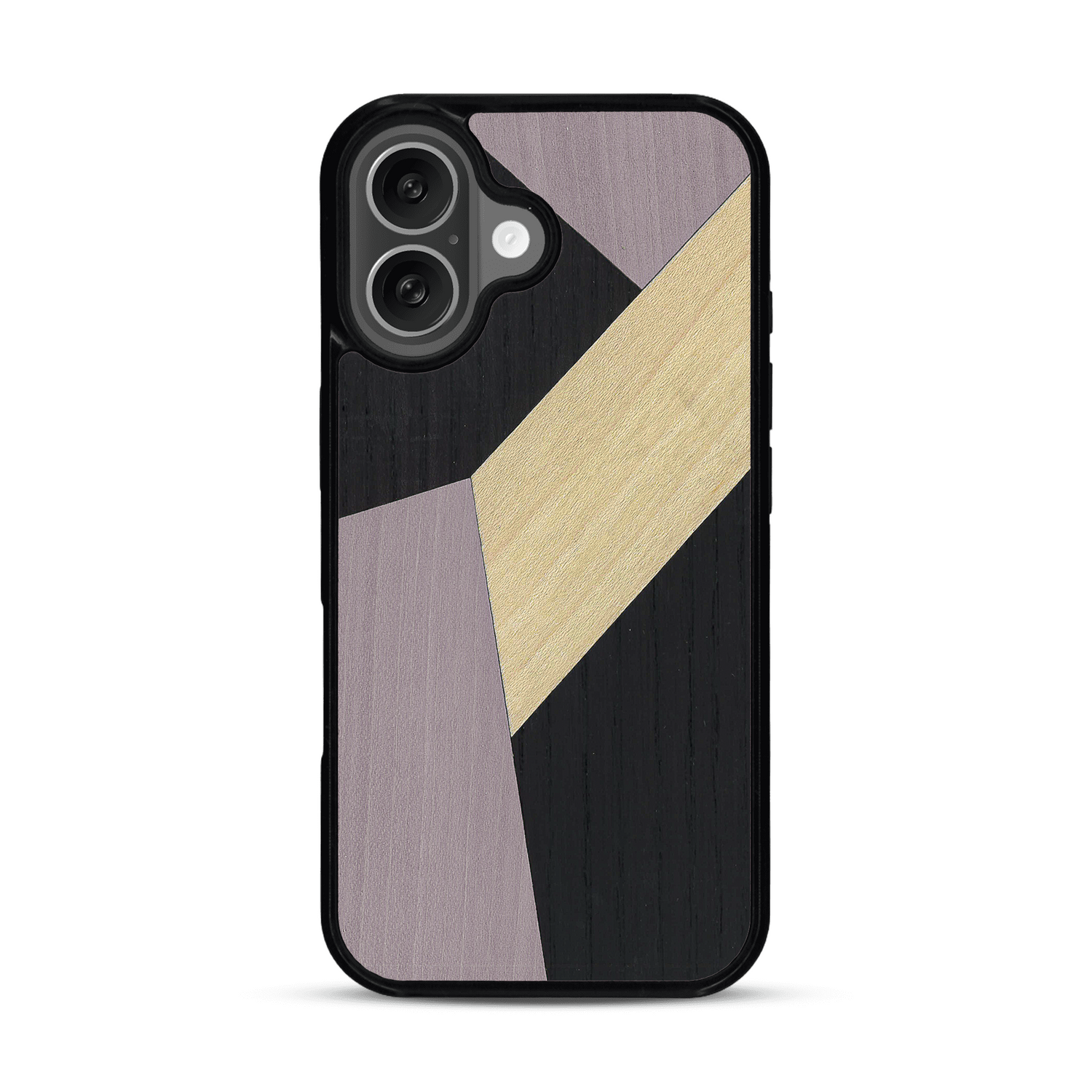 Coque de protection en bois véritable fabriquée en France pour  alliant du bambou, du tulipier mauve et noir en forme de mosaïque minimaliste sur le thème de l'art abstrait