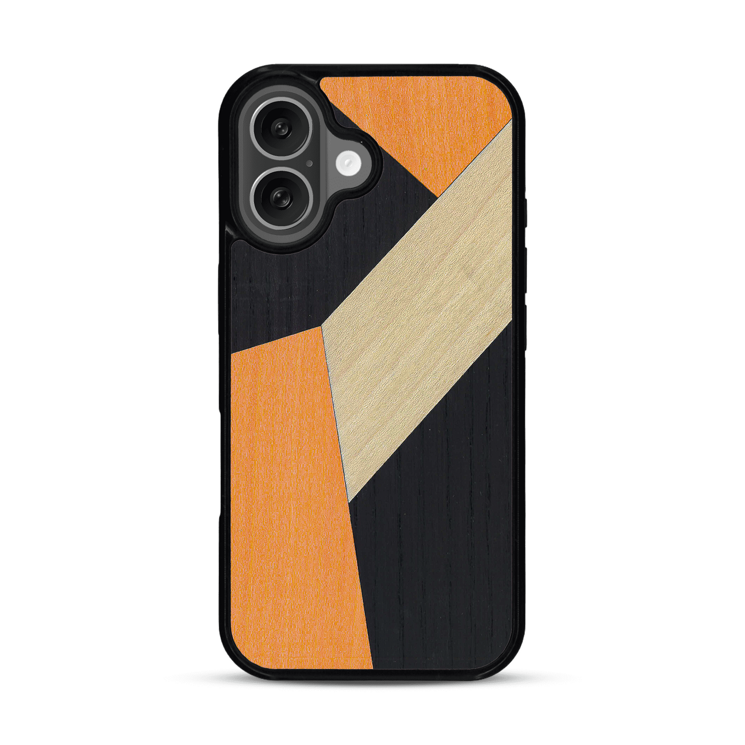 Coque de protection en bois véritable fabriquée en France pour  alliant du bambou, du tulipier orange et noir en forme de mosaïque minimaliste sur le thème de l'art abstrait